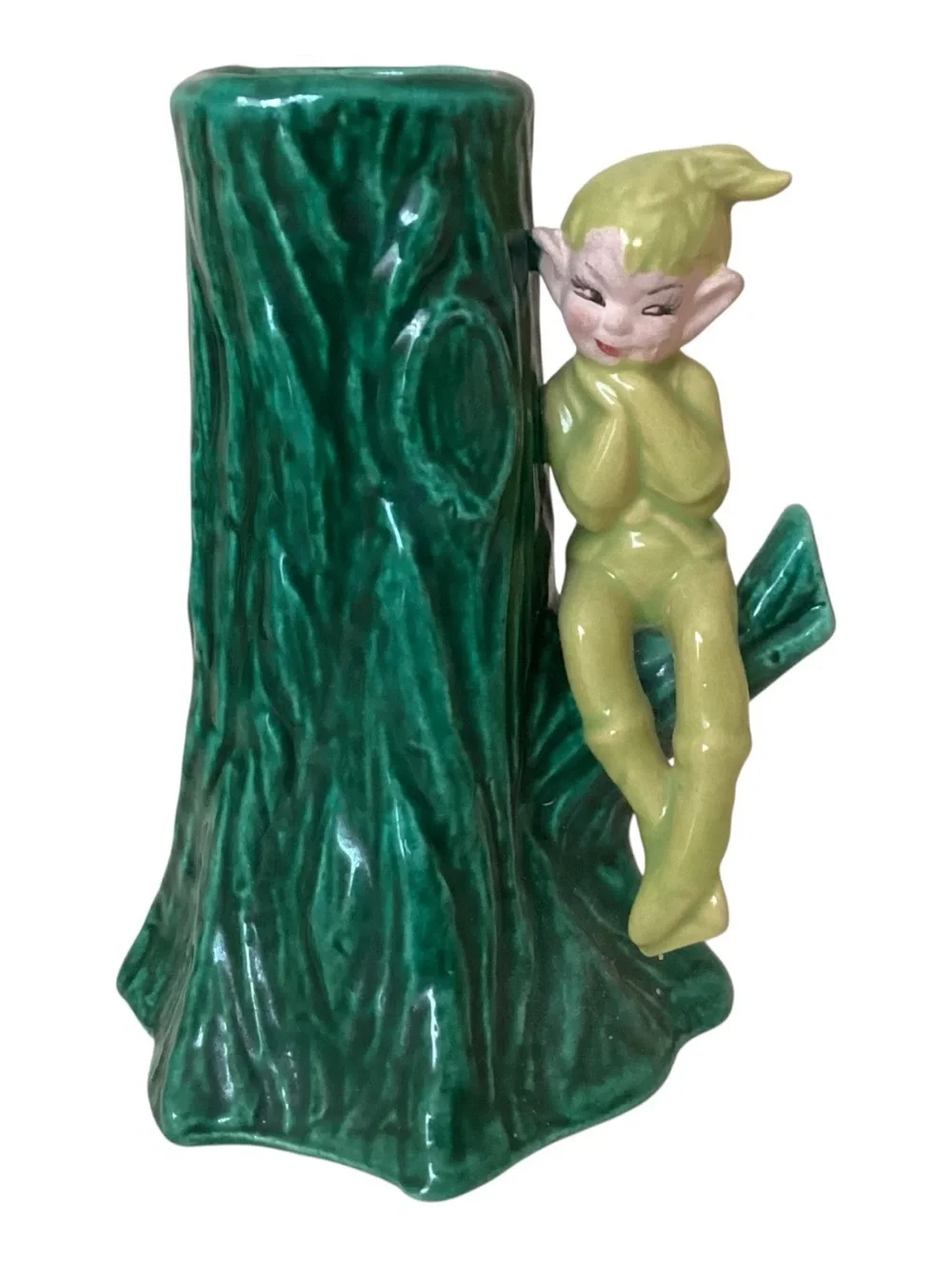 Vintage Gilner Elf Pixie Green Tree Trunk Vase 6” 1950